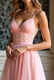 Elegante rosa una linea di spaghetti spalline lungo tulle Abito da Cerimonia