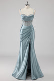 Sparkly grigio blu guaina spaghetti cinghie corsetto perline lungo abito da ballo con fessura