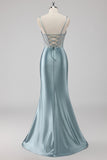 Sparkly grigio blu guaina spaghetti cinghie corsetto perline lungo abito da ballo con fessura