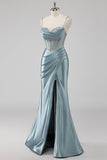 Sparkly grigio blu guaina spaghetti cinghie corsetto perline lungo abito da ballo con fessura