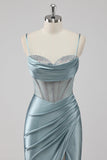 Sparkly grigio blu guaina spaghetti cinghie corsetto perline lungo abito da ballo con fessura