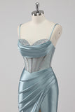Sparkly grigio blu guaina spaghetti cinghie corsetto perline lungo abito da ballo con fessura