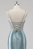 Sparkly grigio blu guaina spaghetti cinghie corsetto perline lungo abito da ballo con fessura