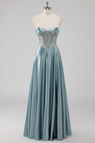 Grigio Blu A-Line Corsetto senza spalline Satin Abito da ballo lungo con perline