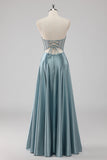 Grigio Blu A-Line Corsetto senza spalline Satin Abito da ballo lungo con perline