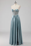 Grigio Blu A-Line Corsetto senza spalline Satin Abito da ballo lungo con perline
