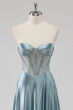 Grigio Blu A-Line Corsetto senza spalline Satin Abito da ballo lungo con perline