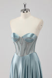 Grigio Blu A-Line Corsetto senza spalline Satin Abito da ballo lungo con perline