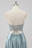Grigio Blu A-Line Corsetto senza spalline Satin Abito da ballo lungo con perline