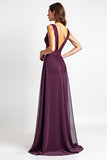 Abito da damigella d'onore lungo viola in chiffon con spacco