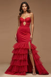 Spaghetti Straps rosso scuro tagliato sirena raso tulle abito da ballo
