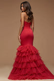 Spaghetti Straps rosso scuro tagliato sirena raso tulle abito da ballo