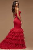 Spaghetti Straps rosso scuro tagliato sirena raso tulle abito da ballo