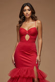 Spaghetti Straps rosso scuro tagliato sirena raso tulle abito da ballo