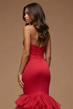 Spaghetti Straps rosso scuro tagliato sirena raso tulle abito da ballo