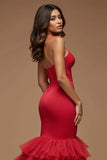 Spaghetti Straps rosso scuro tagliato sirena raso tulle abito da ballo