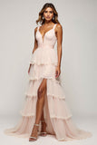 Candy Pink A Line V-Neck Tulle Abito da ballo in tulle a strati