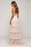 Candy Pink A Line V-Neck Tulle Abito da ballo in tulle a strati
