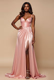 Blush Pink Sheath con scollo a V plissettato Satin Abito da Cerimonia