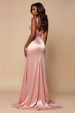 Blush Pink Sheath con scollo a V plissettato Satin Abito da Cerimonia