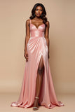 Blush Pink Sheath con scollo a V plissettato Satin Abito da Cerimonia