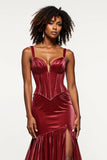 Borgogna sirena con scollo a V corsetto velluto abito da ballo
