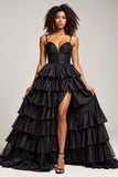 Nero A Line Spaghetti Straps plissettato raso Abito da Cerimonia