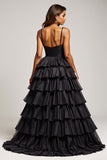 Nero A Line Spaghetti Straps plissettato raso Abito da Cerimonia