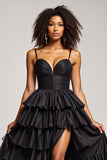 Nero A Line Spaghetti Straps plissettato raso Abito da Cerimonia