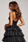 Nero A Line Spaghetti Straps plissettato raso Abito da Cerimonia