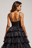 Nero A Line Spaghetti Straps plissettato raso Abito da Cerimonia