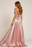 Dusty Rose A Line Deep V-Neck Plissettato Metallic Satin Abito da Cerimonia