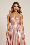 Dusty Rose A Line Deep V-Neck Plissettato Metallic Satin Abito da Cerimonia