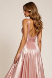 Dusty Rose A Line Deep V-Neck Plissettato Metallic Satin Abito da Cerimonia