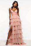 Rosa A Line V-Neck Ruffles Tiered Organza Abito da Cerimonia
