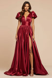 Rosso scuro una linea con scollo a V plissettato Abito da Cerimonia con maniche corte