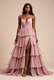 Dusty Rose A Line Spaghetti Straps Ruffles Tiered Abito da Cerimonia