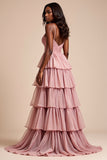 Dusty Rose A Line Spaghetti Straps Ruffles Tiered Abito da Cerimonia
