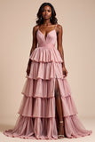 Dusty Rose A Line Spaghetti Straps Ruffles Tiered Abito da Cerimonia