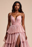 Dusty Rose A Line Spaghetti Straps Ruffles Tiered Abito da Cerimonia