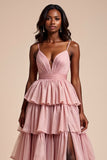 Dusty Rose A Line Spaghetti Straps Ruffles Tiered Abito da Cerimonia