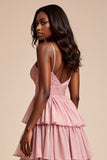 Dusty Rose A Line Spaghetti Straps Ruffles Tiered Abito da Cerimonia
