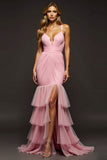 Rosa sirena con scollo a V a strati chiffon abito da ballo