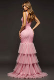 Rosa sirena con scollo a V a strati chiffon abito da ballo