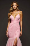 Rosa sirena con scollo a V a strati chiffon abito da ballo