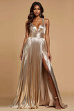 Metallic dorato A-Line Halter pieghettatura lungo Abito da Cerimonia wit fessura
