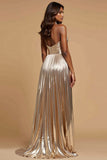 Metallic dorato A-Line Halter pieghettatura lungo Abito da Cerimonia wit fessura