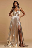 Metallic dorato A-Line Halter pieghettatura lungo Abito da Cerimonia wit fessura
