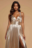 Metallic dorato A-Line Halter pieghettatura lungo Abito da Cerimonia wit fessura