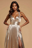 Metallic dorato A-Line Halter pieghettatura lungo Abito da Cerimonia wit fessura